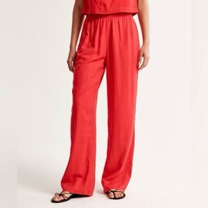 Abercrombie Red Crinkle Linen Blend Wide Leg High Rise Pull-On Lined Pants